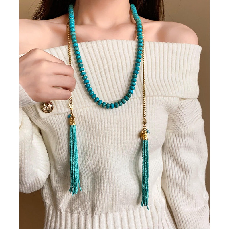 Vintage Gold Alloy Turquoise Beading Tassel Gratuated Bead Necklace WO015