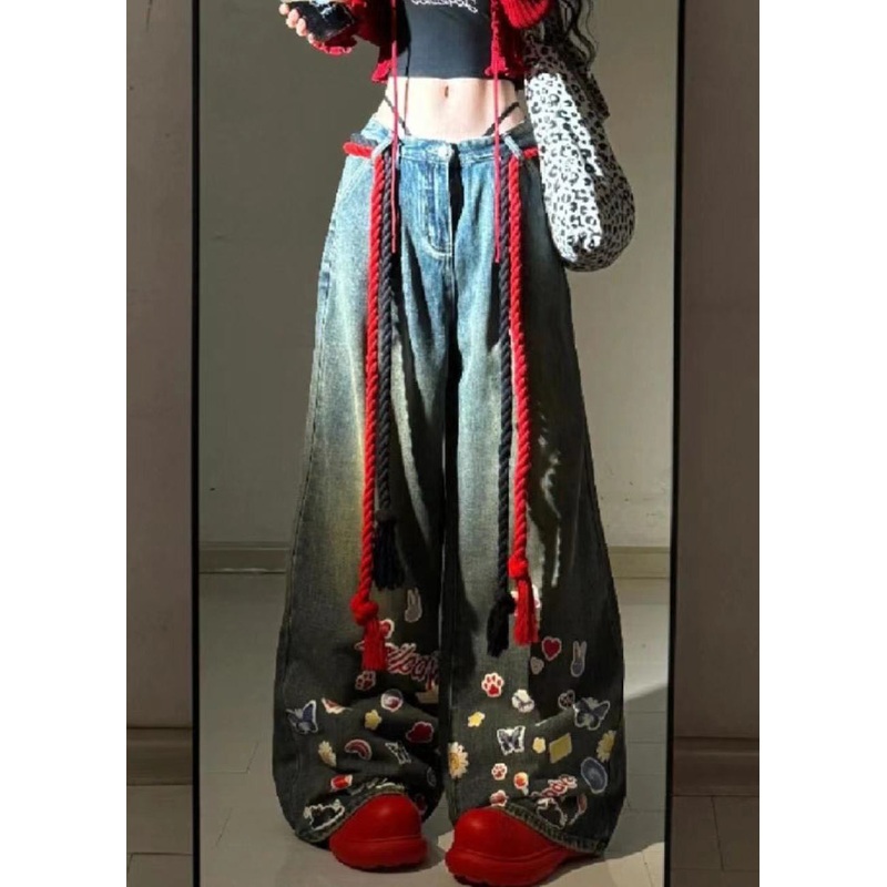 American Graffiti Blue Denim Wide Leg Pants Autumn WP054