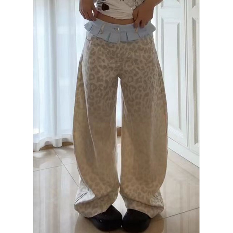 American Style Beige Leopard Patchwork Denim Pants Fall WP043