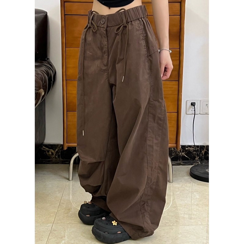 American Style Brown Pockets Wrinkled Cotton Pants Fall WP026
