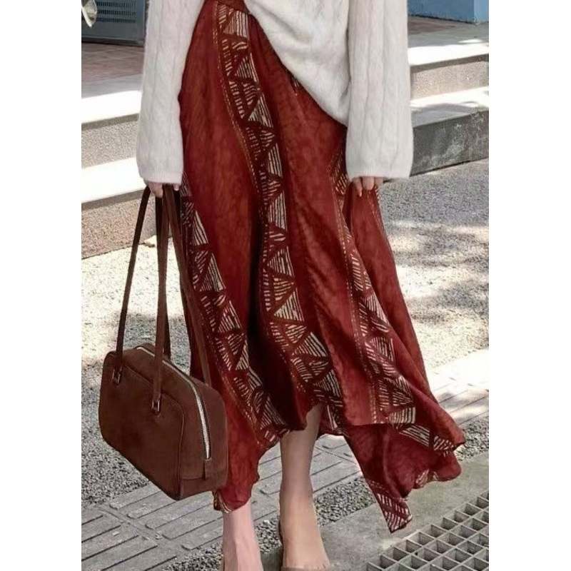 Bohemian Red Asymmetrical Print Cotton Skirts Fall WP036