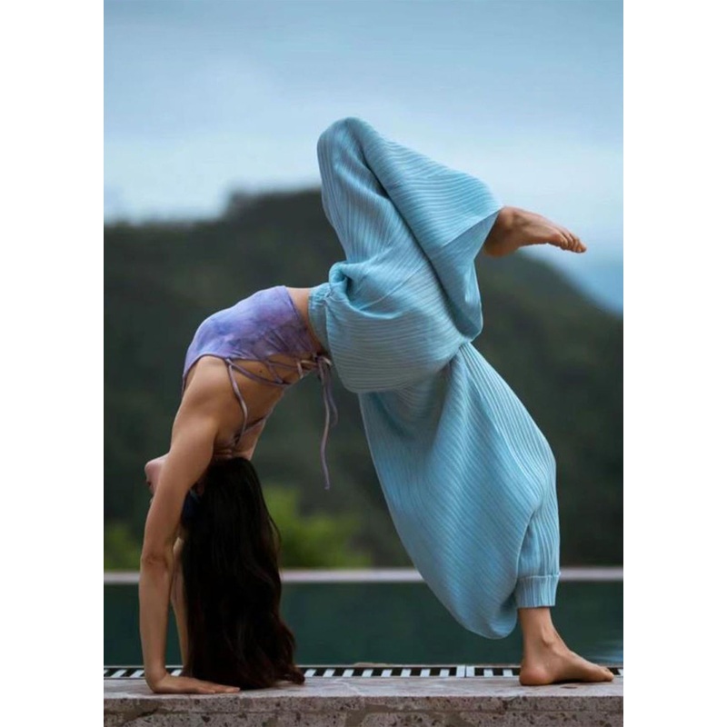 Casual Blue Pockets Elastic Waist Cotton Lantern Pants Summer WP029