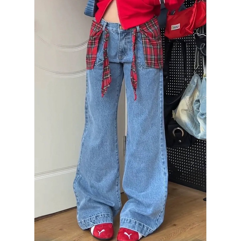 Chic Blue Pockets False Two Pieces Patchwork Denim Pants Fall WP053