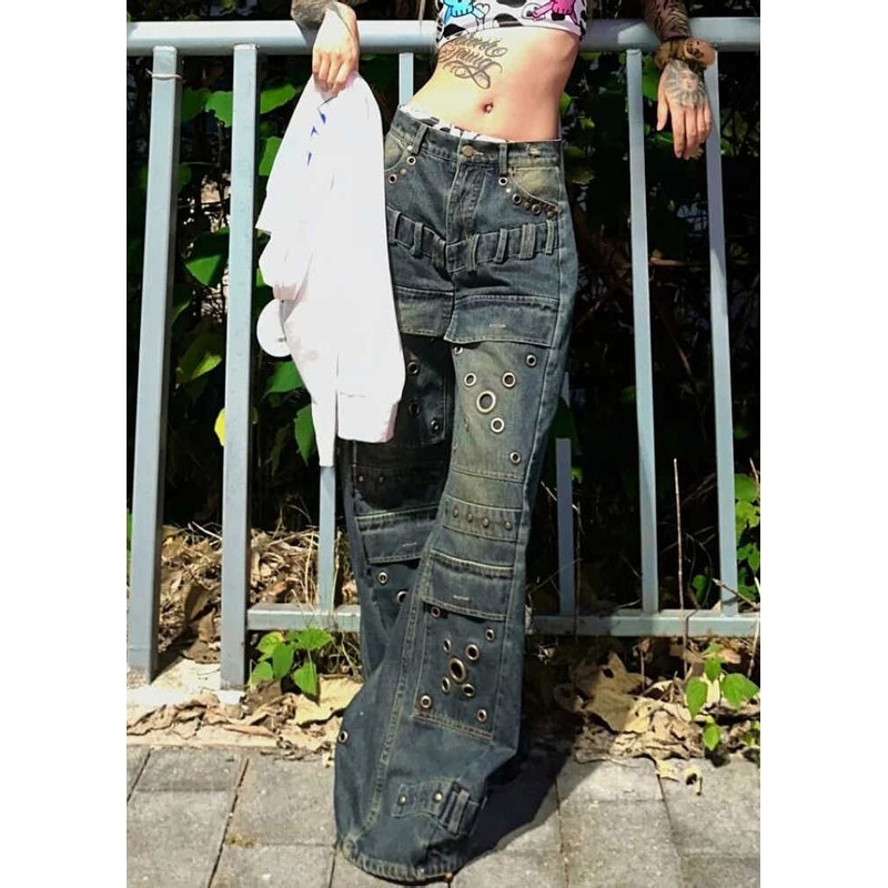 European And American Style Blue Rivet Denim Wide Leg Pants Fall WP048