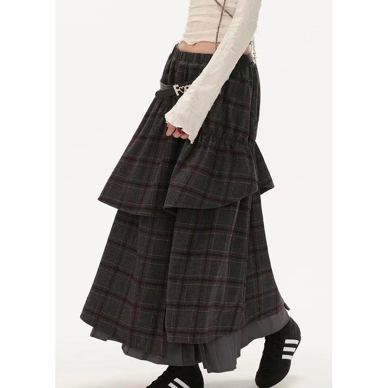 Fashion Grey Plaid False Two Pieces Patchwork Cotton Skirts Fall WP047