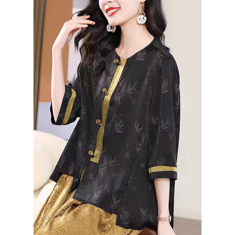 Retro Black O Neck Print Loose Silk Shirt Top Fall WP057