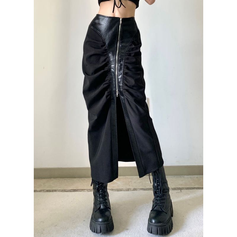 Stylish Black Zip Up Faux Leather Patchwork Cotton Skirt Fall WP046