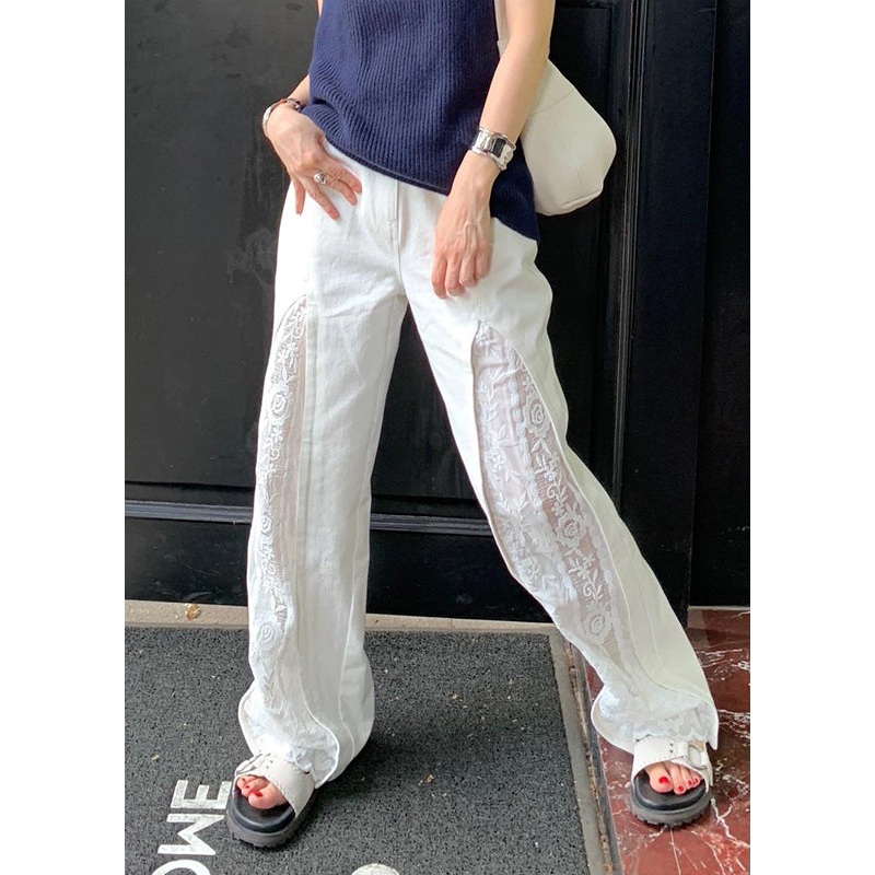 Women White Pockets Lace Patchwork Cotton Pants Summer WP038