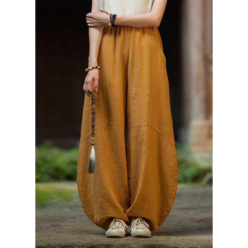 Women Yellow Pockets Elastic Waist Linen Pants Fall WP032