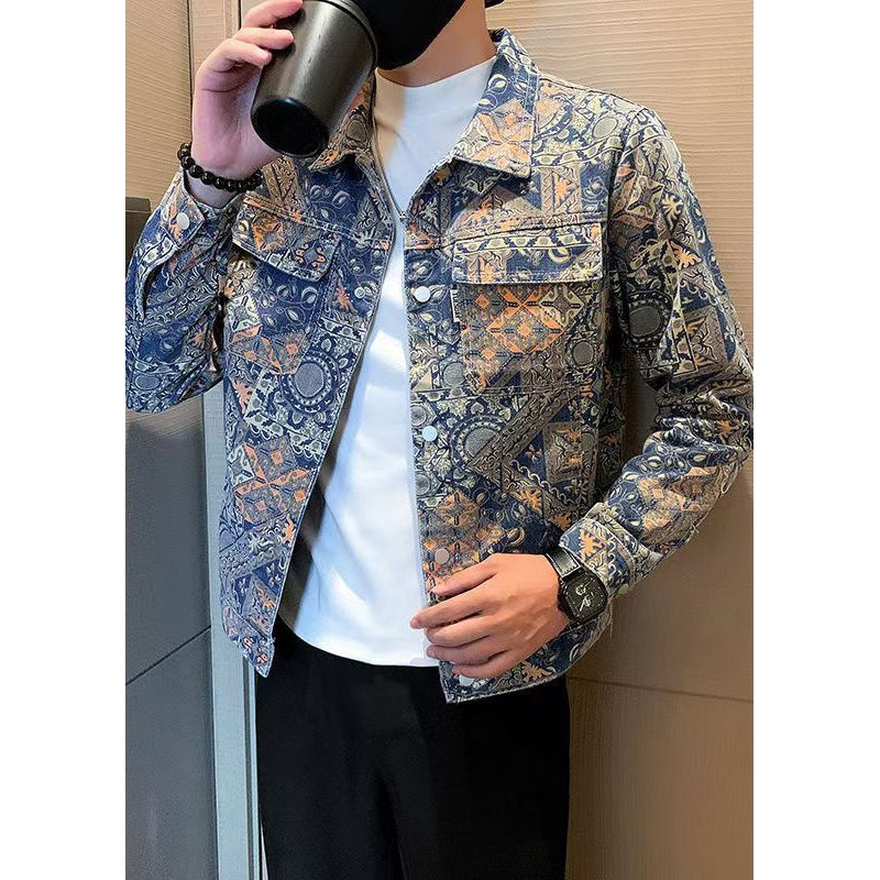 Art Print Button Pockets Denim Mens Coats Fall WA031