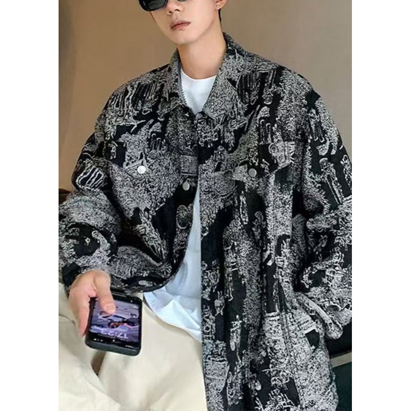Black Button Fall Mens Coats Peter Pan Collar WA027