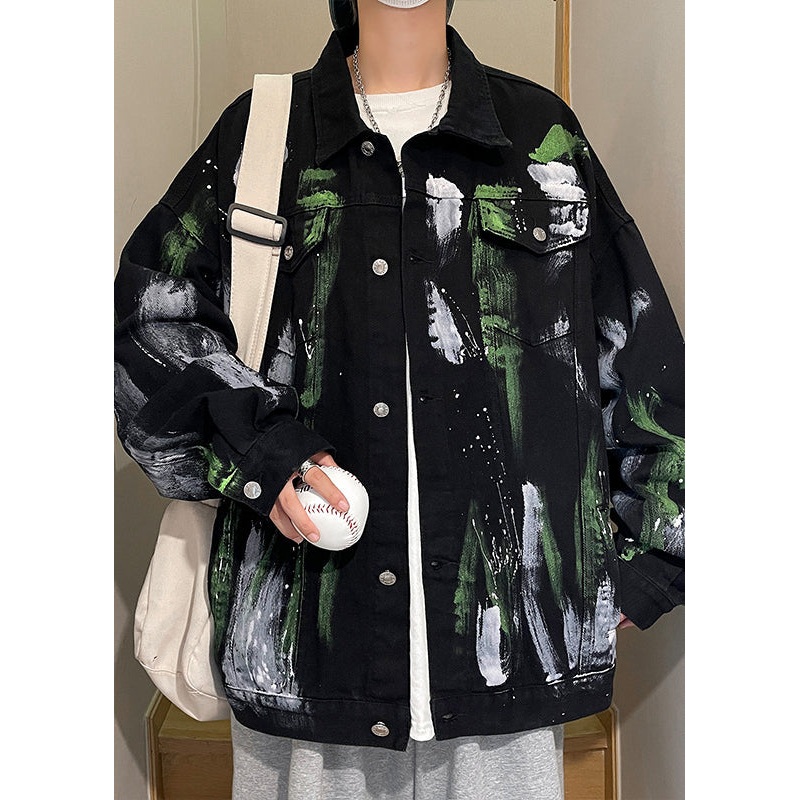 Black Pockets Denim Fall Mens Coats Peter Pan Collar WA030