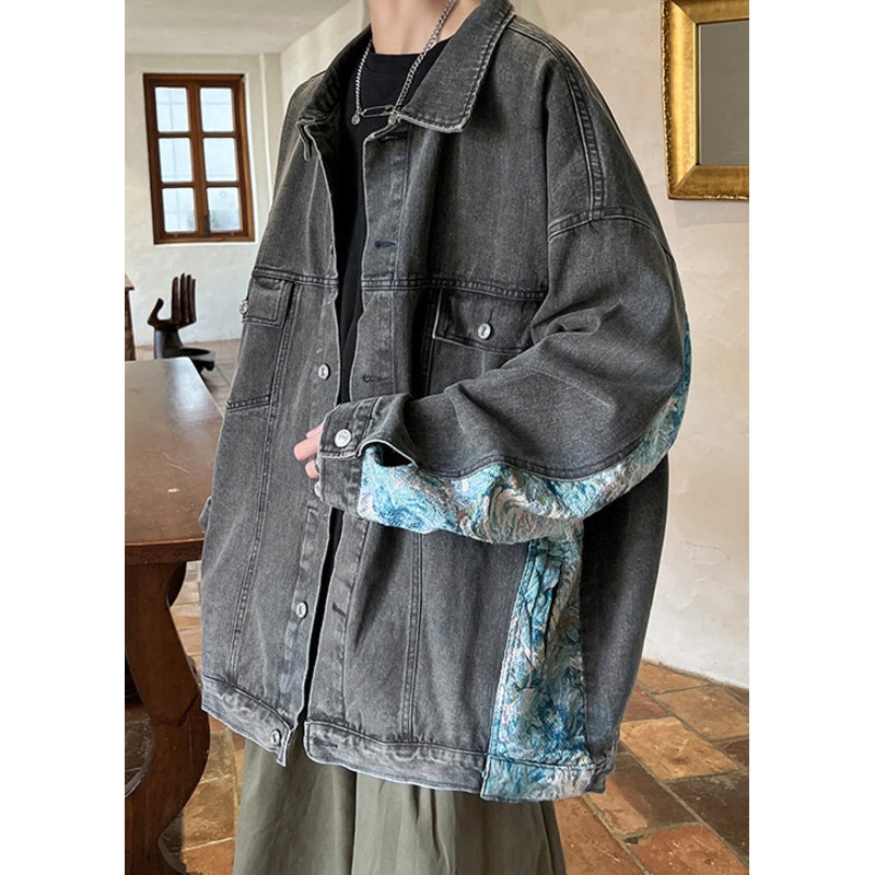 Black Pockets Patchwork Men Coat Peter Pan Collar Fall WA028