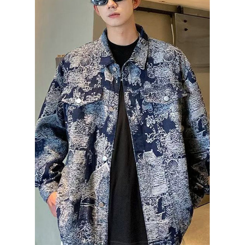 Chic Blue Print Pockets Patchwork Men Coat Fall WA026