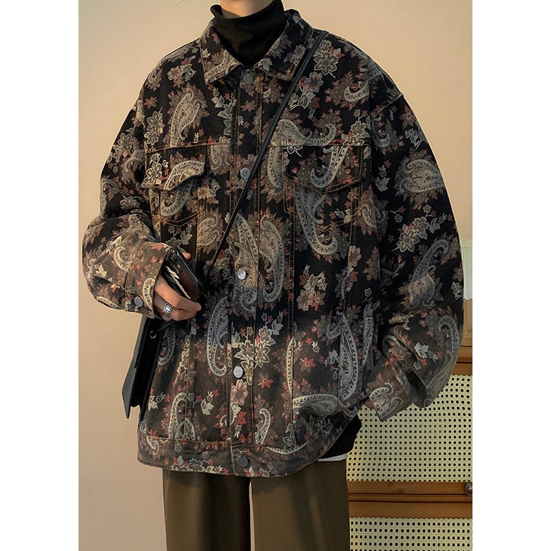 Unique Peter Pan Collar Button Print Denim Mens Coats Fall WA033