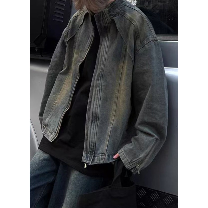 Vintage Blue Zip Up Denim Mens Coats Stand Collar Fall WA024