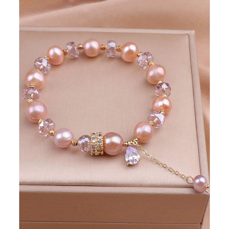 Chic Rose Gold Alloy Pearl Crystal Beading Tassel Charm Bracelet WF025