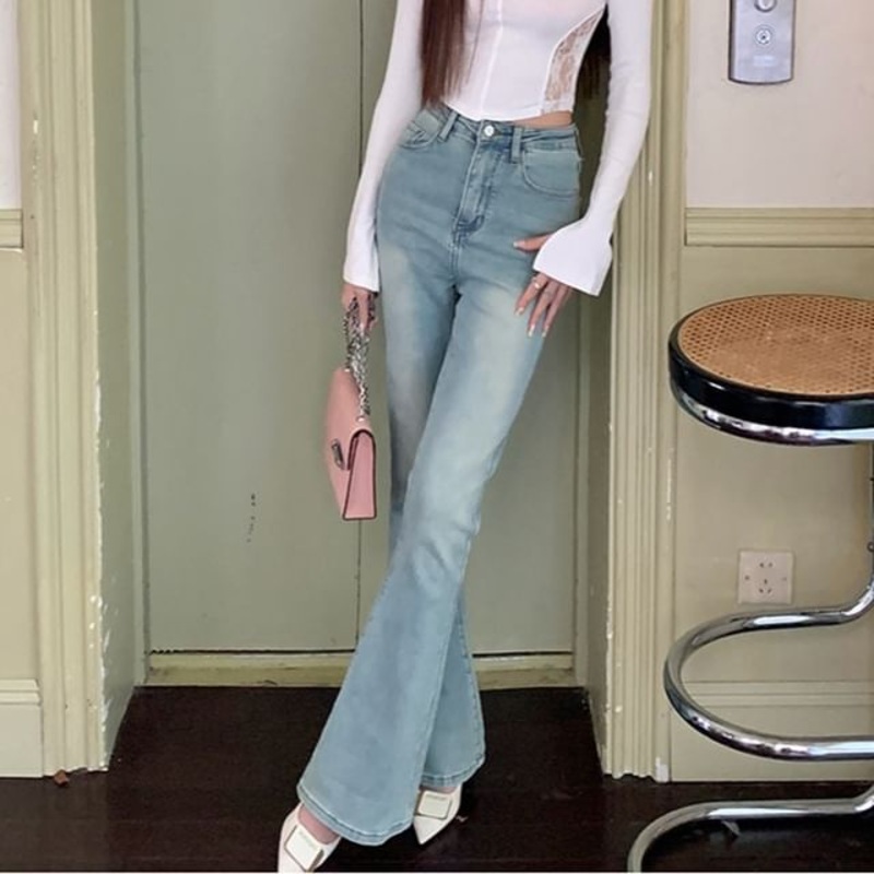 Rise Washed Flared Jeans High|Light Blue|S|M|L|XL