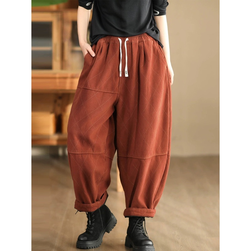 Women Autumn Vintage Solid Rhomboid Cotton Harem Pants WG013