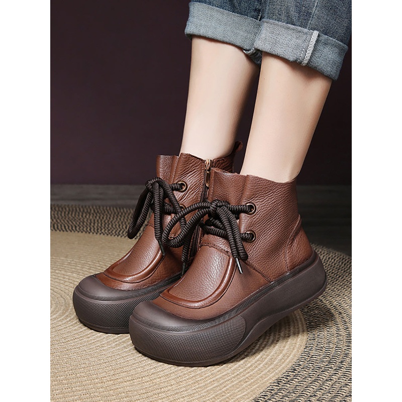 Women Casual Winter Solid Leather Strap Platform Boots WG009