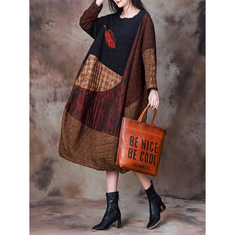 Women Vintage Autumn Colorblock Loose Spliced Cotton Dress WG005
