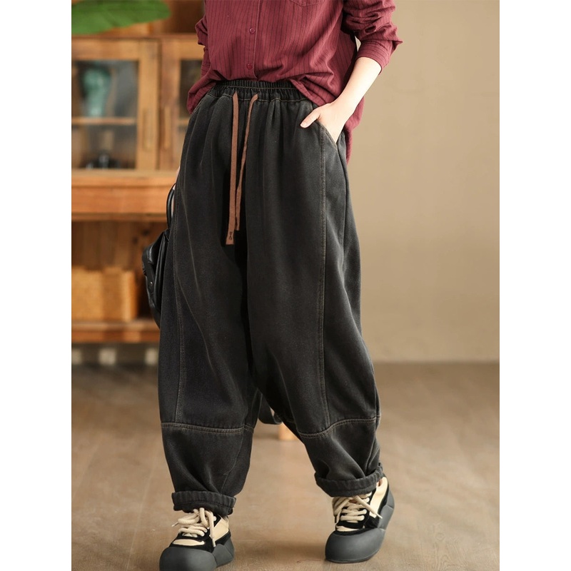 Women Winter Retro Denim Fleece-lined Harem Pants WG002