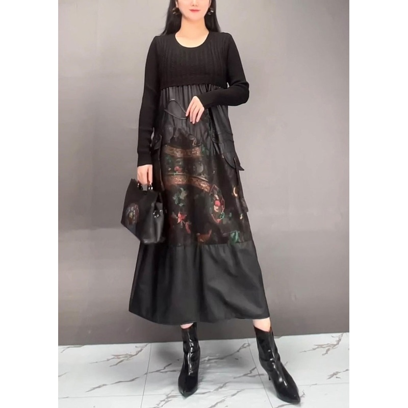 Chic Black Print Patchwork Wrinkled Maxi Dress Fall