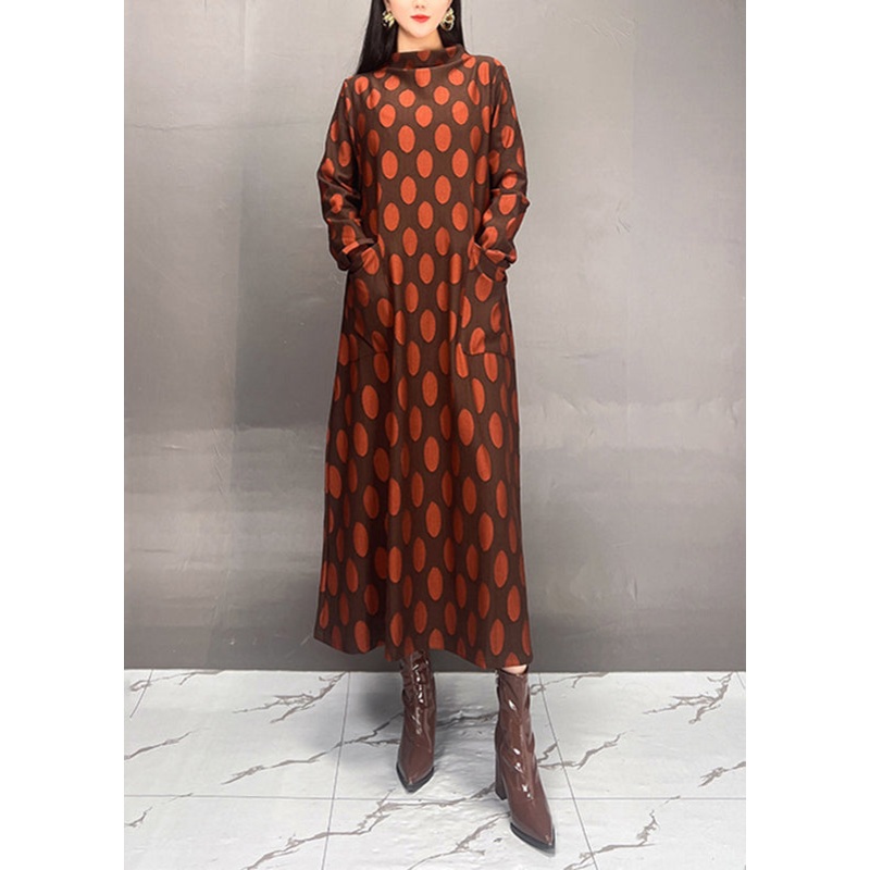 Elegant Mulberry Turtleneck Dot Print Maxi Dress Fall