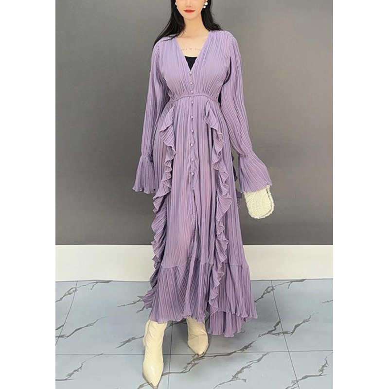 Elegant Purple V Neck Ruffled Long Dresses Flare Sleeve