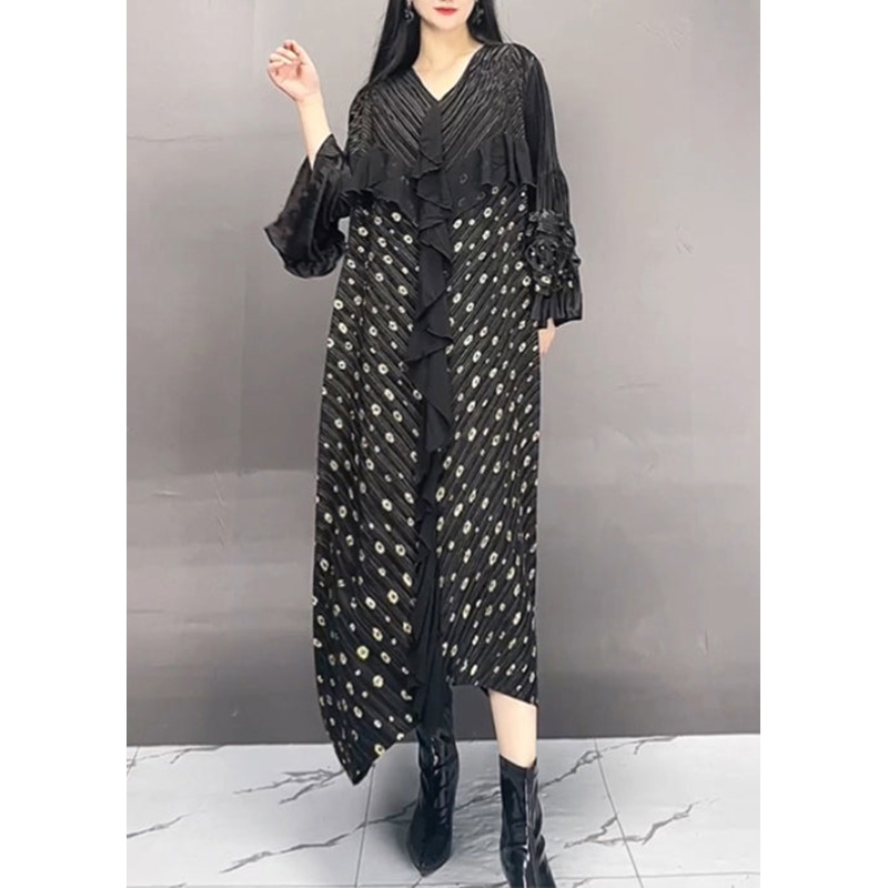 French Black Wrinkled Print Patchwork Cotton Long Dress Fall
