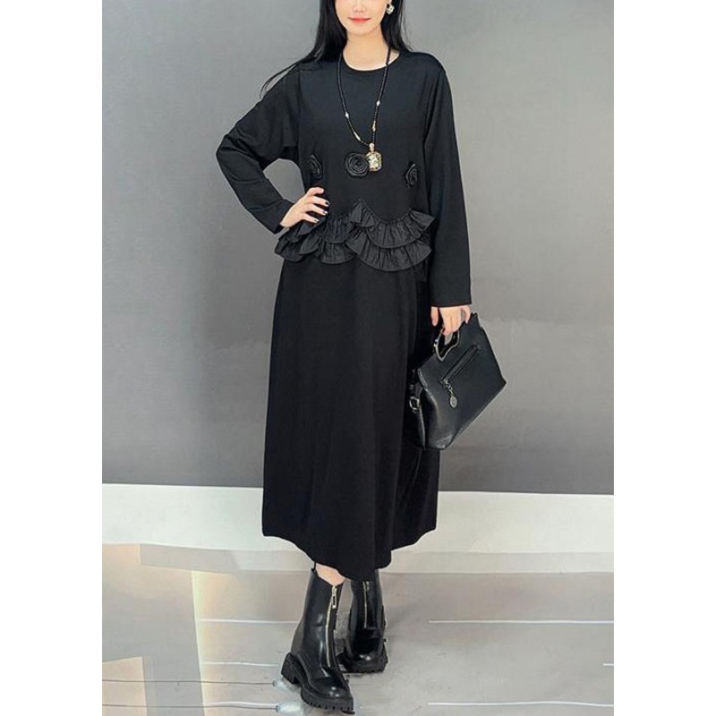 Loose Black O-Neck Ruffled Patchwork Cotton Long Dresses Fall