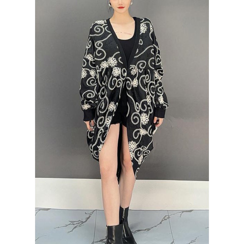 Loose Black V Neck Button Print Cotton Cardigan Fall