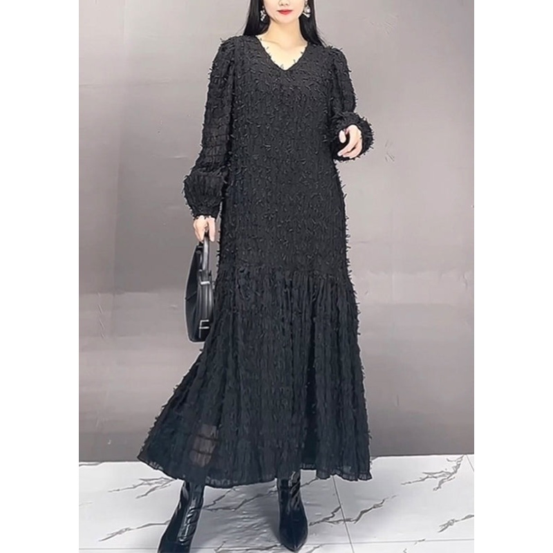Modern Black V Neck Patchwork Chiffon Long Dress Fall