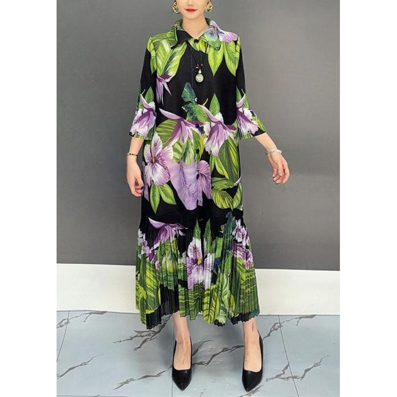 New Green Button Print Cotton Long Dress Bracelet Sleeve