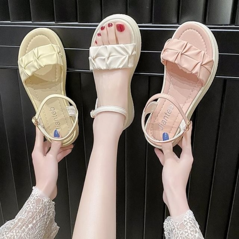 Ankle Strap Ruched Sandals|Off-White|Pink|Yellow|35|36|37|38|39|40