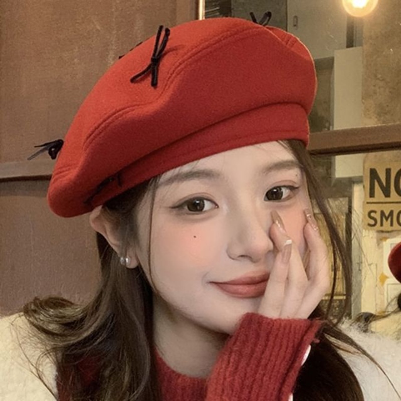 Bow Accent Beret|Black|Brown Red|Coffee|Dark Green|Khaki|M