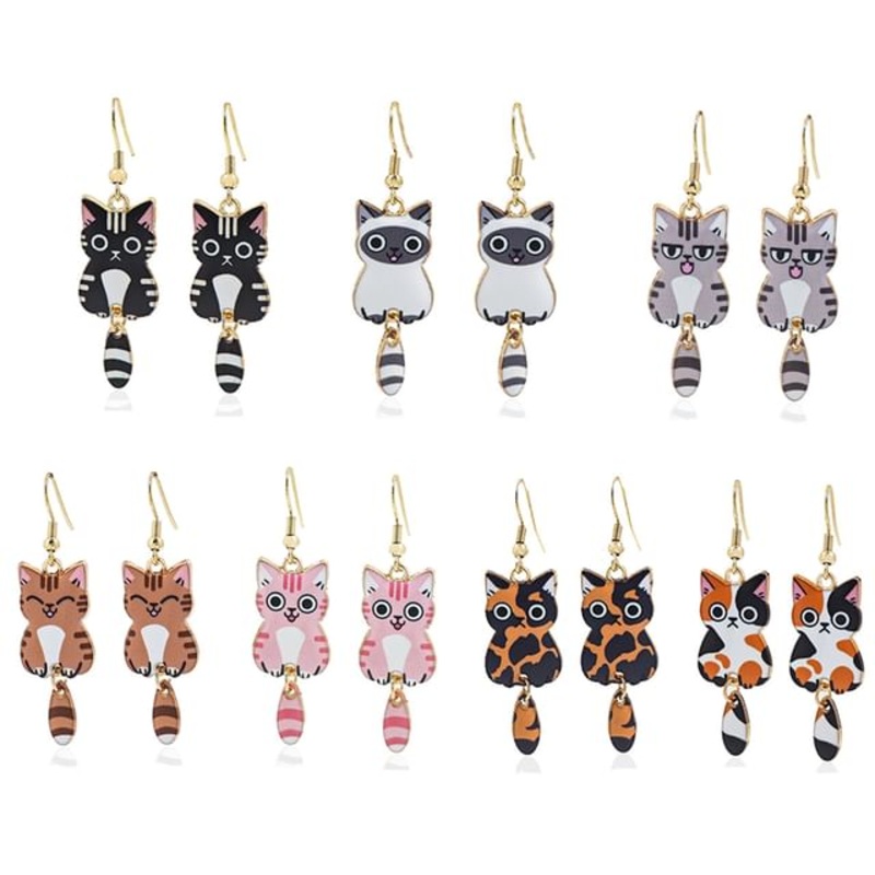 Cat Alloy Drop Earring|1 Pair – E6099-1 – Black|1 Pair – E6099-2 – Pink|1 Pair – E6099-3 – Gray|1 Pair – E6099-4 – Brownish Black|1 Pair – E6099-5 – Gray & White|1 Pair – E6099-6 – White & Brown|1 Pair – E6099-7 – Brown|One Size