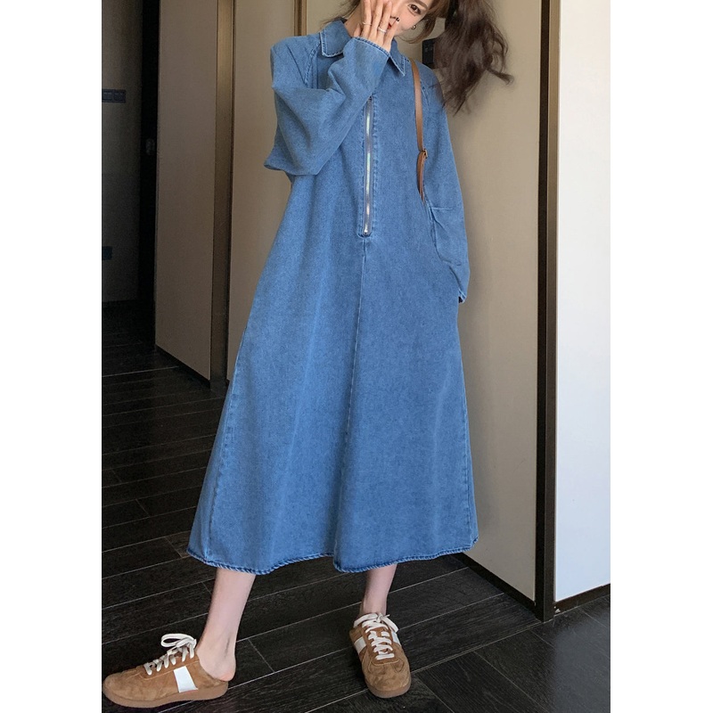 Natural Denim Blue Peter Pan Collar Zippered Patchwork Long Dress Fall WZ025
