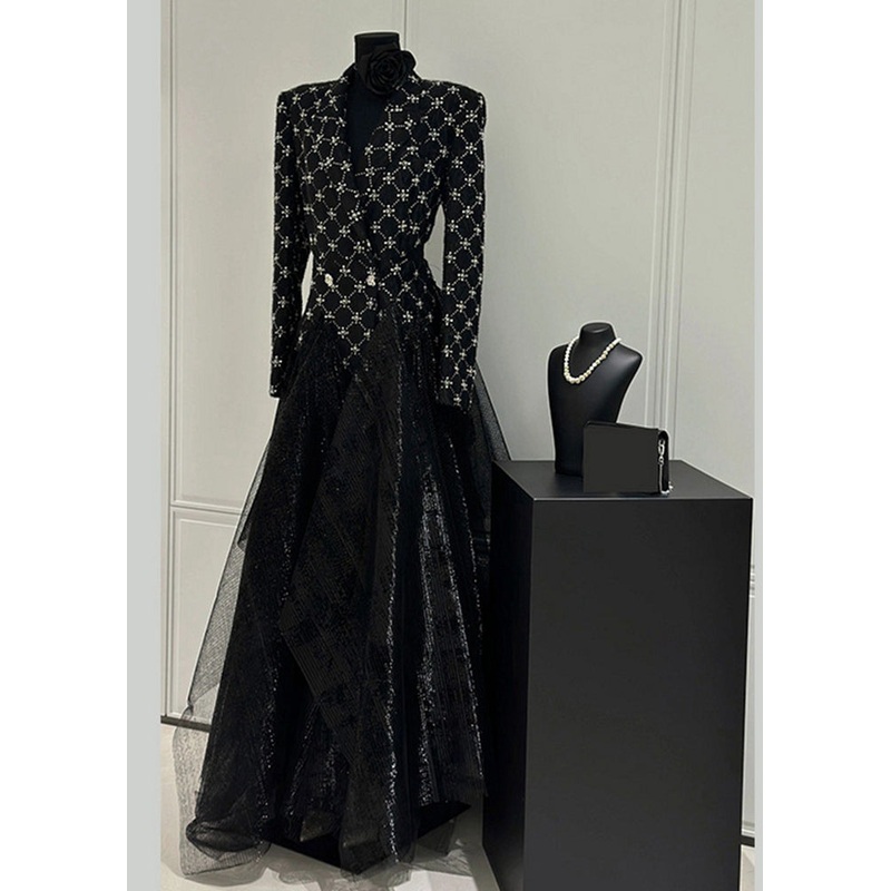 Slim Fit Black Plaid Patchwork Tulle Maxi Dress Fall WZ024