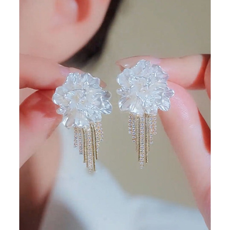 Stylish White Alloy Zircon Floral Tassel Stud Earrings EY016