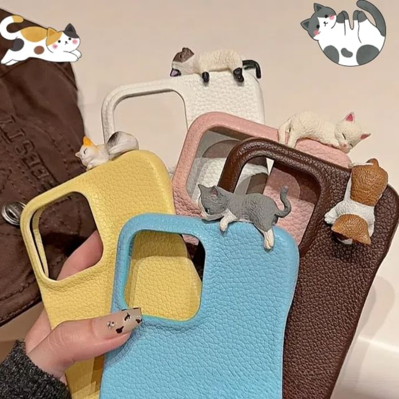 Plain Leather Cat Phone Case – iPhone 16 Pro Max / 16 Pro / 16 / 15 Pro Max / 15 Pro / 15 / 14 Pro Max / 14 Pro / 14 / 13 Pro Max / 13 Pro / 13