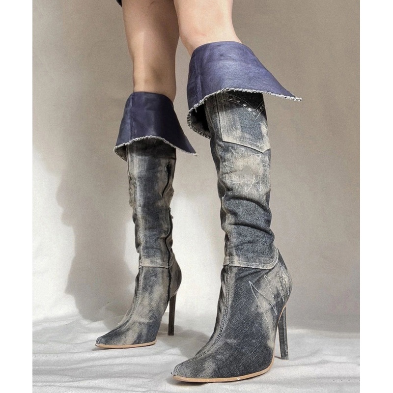 American Style Spicy Girl Pointed Denim Knee High Boots OM021