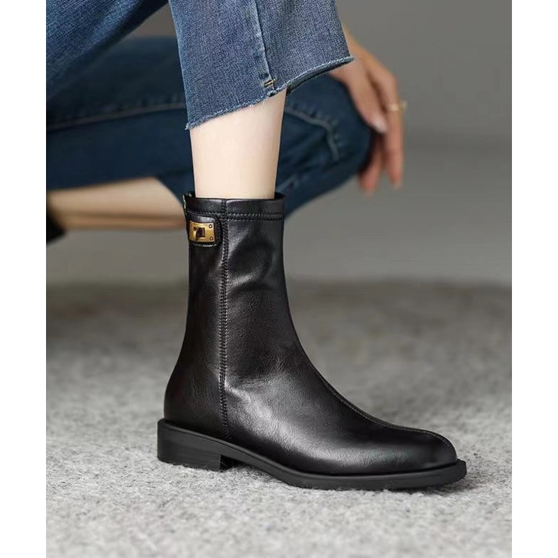 Comfy Splicing Chunky Boots Black Cowhide Leather OM024