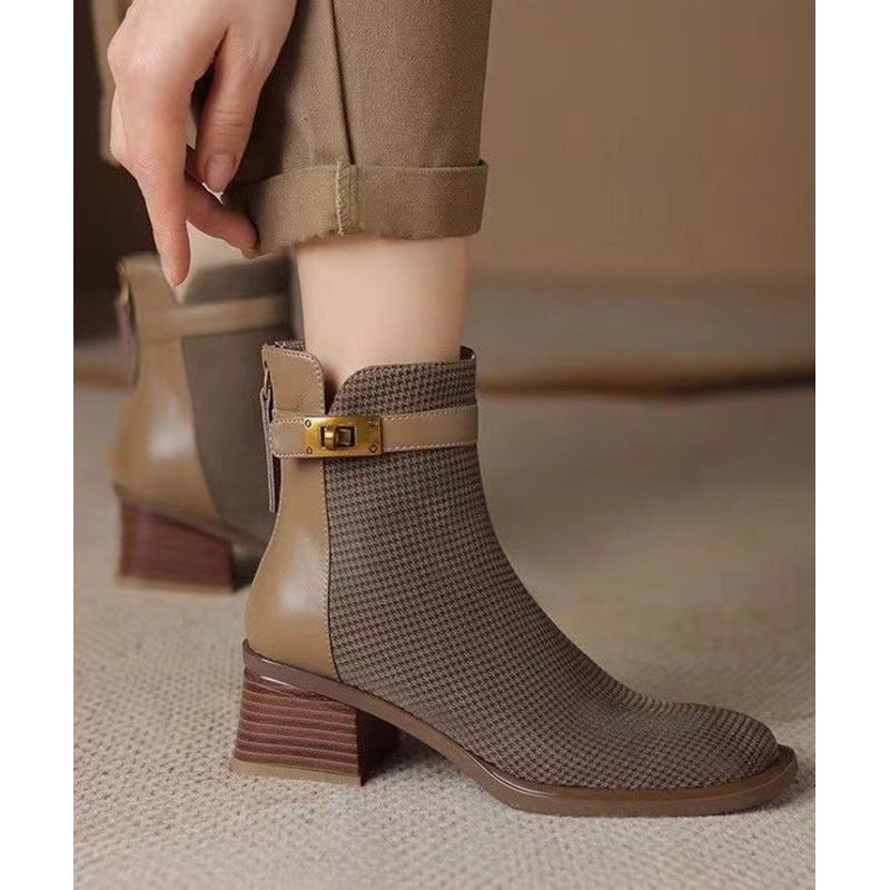 Fashion Zippered Splicing Chunky Boots Khaki Cowhide Leather OM023