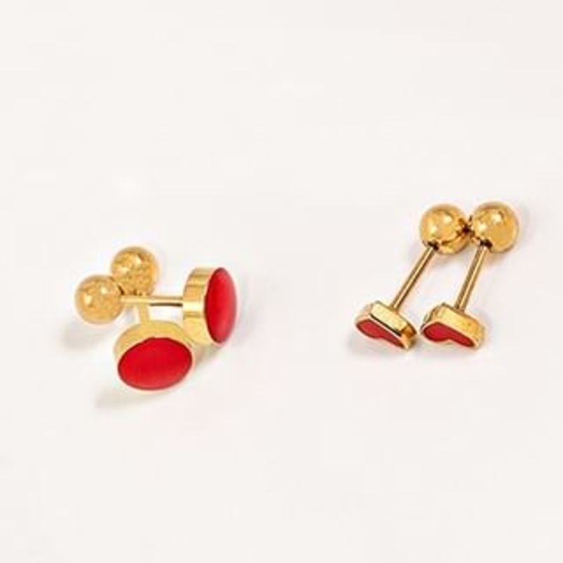 Stud Earring|E1189-1 – 1 Pair – Heart – Red & Gold|E1189-2 – 1 Pair – Circle – Red & Gold|One Size