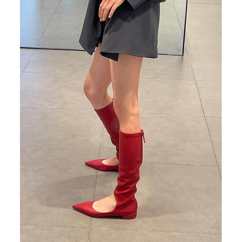 Stylish Red Splicing Boots Hollow Out Pointed Toe Zippered OM008