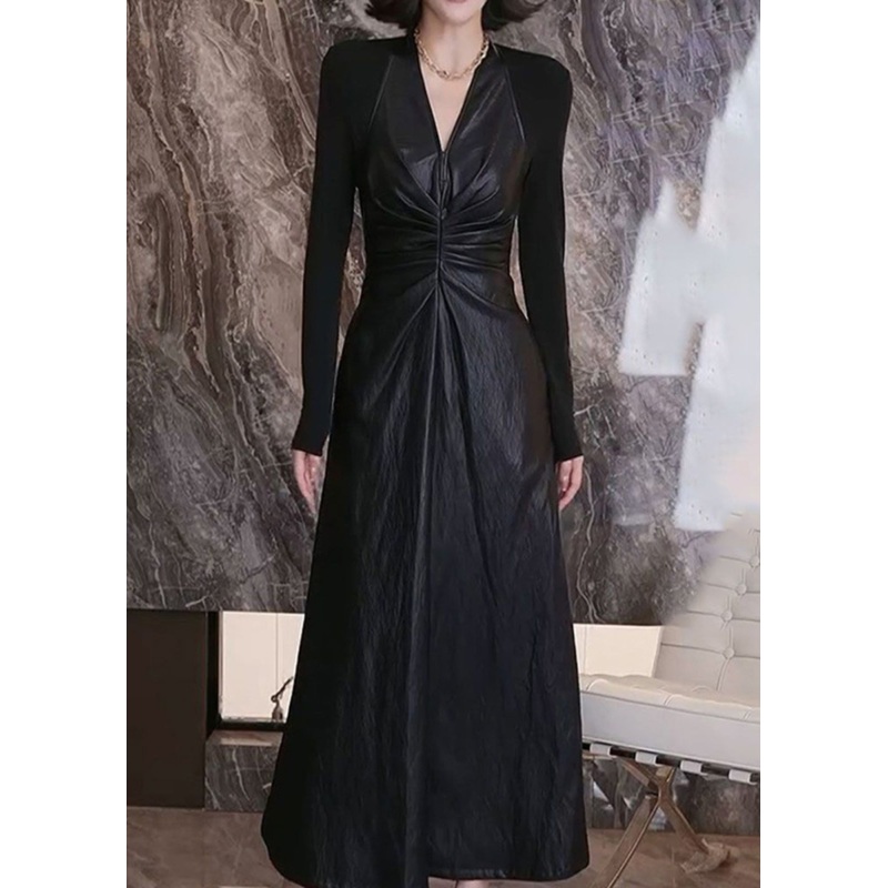 Black Slim Fit Patchwork Faux Leather Dress V Neck Wrinkled Fall WN018