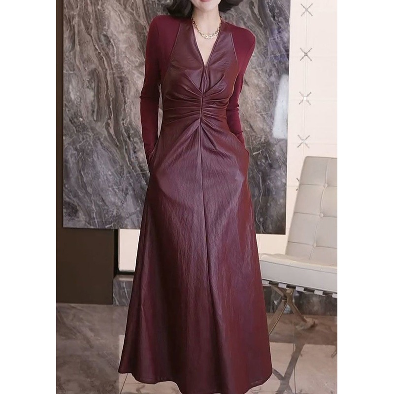 Fashion Mulberry V Neck Patchwork Faux Leather Dresses Fall WN017