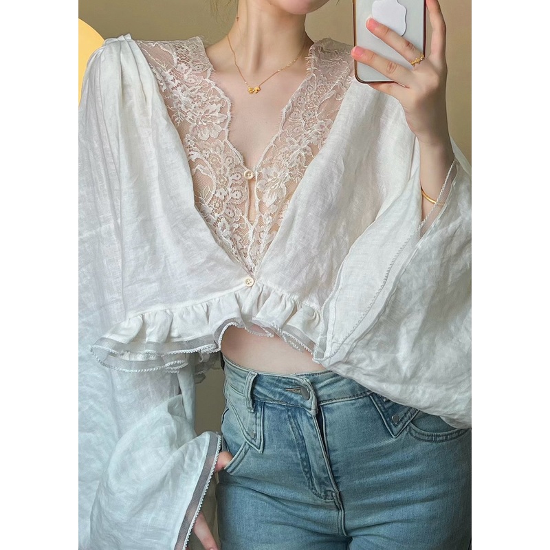 French Lace Patchwork Ruffle Edge Short Top Autumn WN024