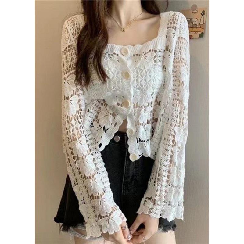 French White Square Collar Hollow Out Knit Top Summer WN014